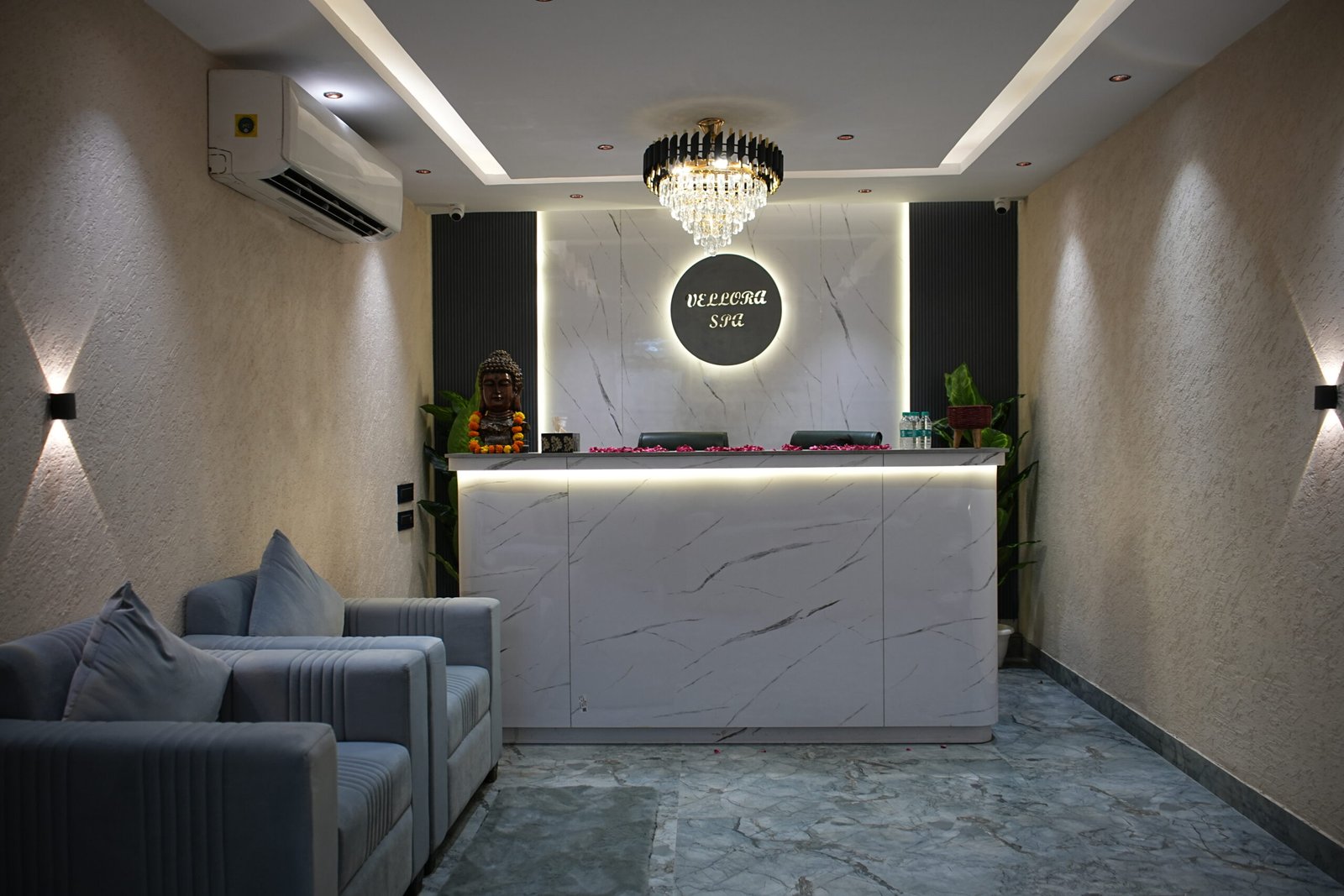 Spa room with calming wall art.